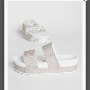 White platform double band rhinestone sljdes